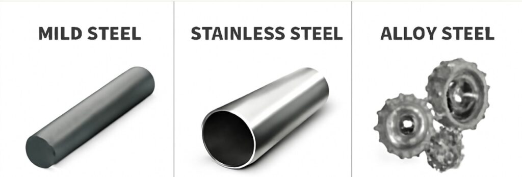 “Comparison of mild steel rod, stainless steel pipe, and alloy steel components displayed with labeled headings.”