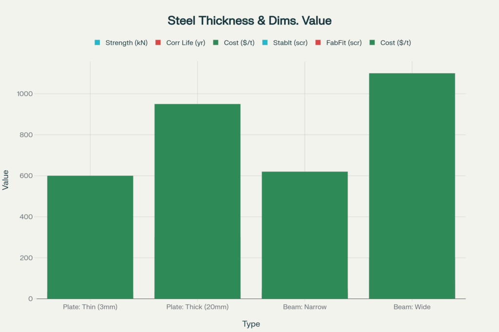 “Bar chart showing steel thickness and dimensions value comparison — thin plate, thick plate, narrow beam, and wide beam analyzed for strength, corrosion life, stability, fabrication fit, and cost.”
